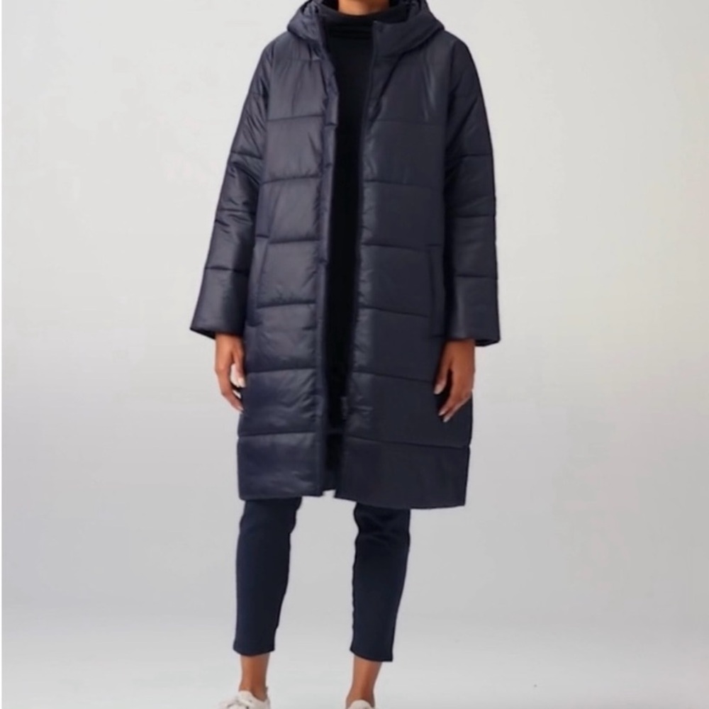 Eileen Fisher Long Puffer Coat Hood Zip Closure Pockets XL Navy Blue MSRP $271